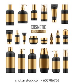 Mock up of black and gold packages for cosmetic prodact. Set of vector realistic blank templates of plastic containers: bottles with spray, pump dispenser and dropper, tubes and jars