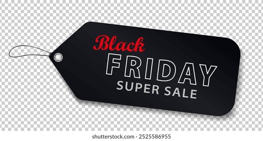 Mock-up da etiqueta de preço preta com corda para pendurar no fundo transparente para Black Friday Super Sale. Modelo de etiqueta de papel com desconto para compras. Adesivo de cartão. Oferta especial, melhor preço