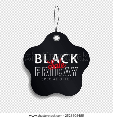 Mock up of black price tag with string for hanging on transparent background for Black Friday Super Sale. Template of discount paper label for shopping. Cardboard sticker. Special offer, best price