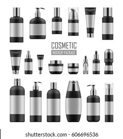 Mock up of black and silver packages for cosmetic prodact. Set of vector realistic blank templates of plastic containers: bottles with spray, pump dispenser and dropper, tubes and jars