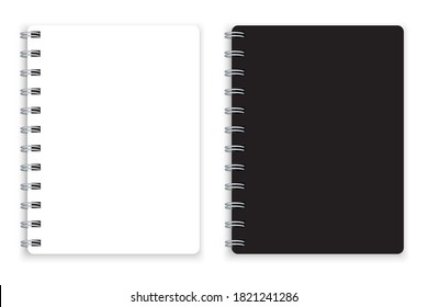 Mock up of black and white notebooks. Notepad on a spiral. Sketchbook in two colors. Vector illustration.