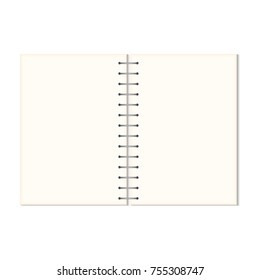 Mock up blank open notebook isolated on white background.