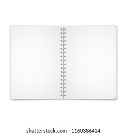 Mock up blank open notebook with metal spiral template isolated on white background.