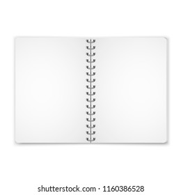 Mock up blank open notebook with metal spiral template isolated on white background.