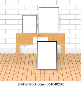 Mock up blank poster in loft style interior, workplace, classic wooden brown table, vector