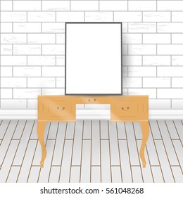 Mock up blank poster in loft style interior, workplace, classic wooden brown table, vector illustration
