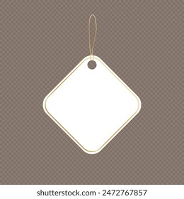 Mock up of blank rhombus price tag with string for hanging isolated on transparent background. Template of white paper discount label for shopping or gift tag, card with cord. Vector cardboard sticker