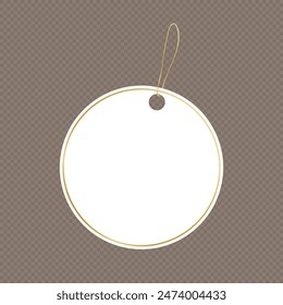 Mock up of blank round price tag with a string for hanging isolated on transparent background. Template of white discount paper label for shopping or gift tag, card with cord. Vector cardboard sticker