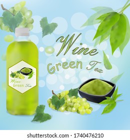 mock up bottle grape 
 green tea.background for advertising with mock up and grape objects with green tea powder
