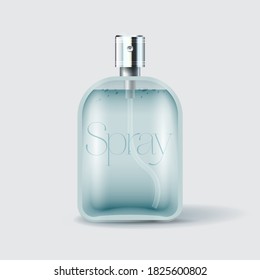 Mock up of bottle with spray dispenser and transparent liquid. Container for cosmetic liquid, antibacterial spray antiviral and protection for hands and body. 