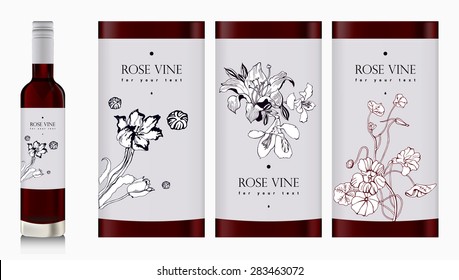 Mock up bottle of wine. Vector eps10. Labels for wine bottles. Red, rose, white wine. Liquor