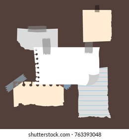 Mock up of bulletin board. A lot of torn sheets, piece, scraps of paper on a brown desk.  Pages of notebook and diary. Vector illustration. Isolated