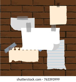 Mock up of bulletin board. A lot of torn sheets, piece, scraps of paper on a brick wall. Pages of notebook and diary. Vector illustration. Isolated