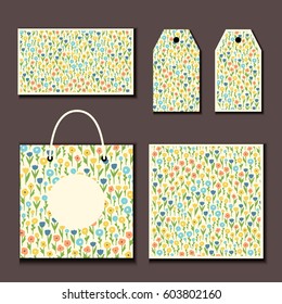 Mock up business card, tags, square postcard and paper bag with floral pattern. Vector texture with wildflowers are seamless and make mask for easy editing