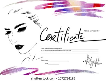 A mock certificate for the school of make-up artists. Girl's face with make-up. svg