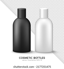 Mock up of closed cosmetic or medicine plastic bottle with lid. Set of 3D black and white glossy container for shampoo, gel, bath foam, moisturizer, lotion, cream, etc. Blank skincare product template