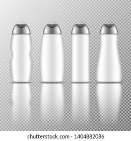 Mock up colorful bottles for cosmetics. Vector set of different shapes with reflection on transparent background.