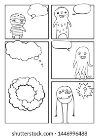mock up comic book with empty speech bubbles and cute monsters