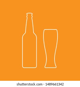 Mock up contour of a beer glass bottle and glass. Menu design. Orange background.