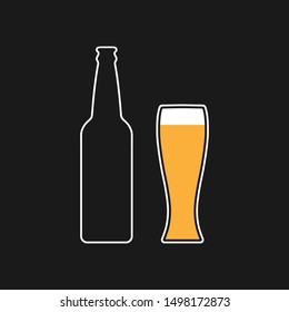 Mock up contour of a beer glass bottle and glass. Dark menu design background.