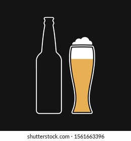 Mock up contour of a beer glass bottle and mug with foam content. Menu design. Dark background.