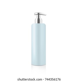 Mock up cosmetic blue bottle with silver metallic dispenser for cream soap gel shampoo etc. Beauty product package template, vector illustration.