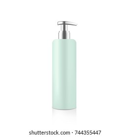 Mock up cosmetic green bottle with silver metallic dispenser for cream soap gel shampoo etc. Beauty product package template, vector illustration.