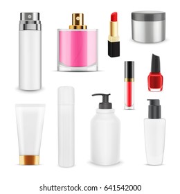 Mock up of cosmetic package. Bottles with spray, dispenser and dropper, cream jar, tube, lip gloss, lipstick, perfume, nail lacquer. 3d illustration. EPS10 vector