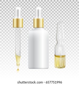 Mock up of cosmetic product for catalog, magazine. Vector design of cosmetic package. Natural oil with vitamins or hyaluronic acid. Vector illustration with isolated objects