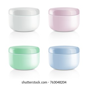 Mock up cosmetic realistic colorful plastic cream bottles set isolated on white background. Beauty product package template, vector illustration.