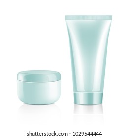 Mock up cosmetic realistic green plastic cream bottle and tube isolated on white background. Beauty product package template, vector illustration.