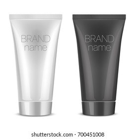 Mock up cosmetic tube for cream, gel, liquid, shampoo, foam. White and black colors on a white background. Beauty product package, vector illustration.