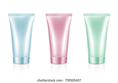 Mock up cosmetic tubes se isolated on white background. For cream soap gel shampoo etc. Beauty product package template blue pink green color, vector illustration.