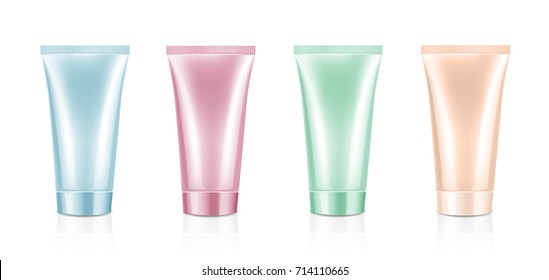 Mock up cosmetic tubes set. For cream soap gel shampoo etc. Beauty product package template blue pink green and beige color, vector illustration.