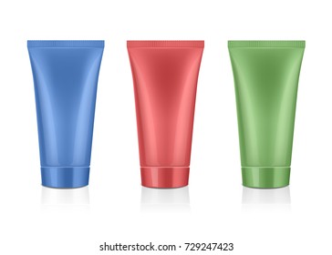 Mock up cosmetic tubes set on white background. For cream soap gel shampoo etc. Beauty product package template blue red green color, vector illustration.