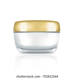 Mock up cosmetic white glass bottle with golden lid for cream. Beauty product package template, vector illustration.