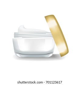 Mock up cosmetic white opened bottle with golden lid for cream. Beauty product package template, vector illustration.