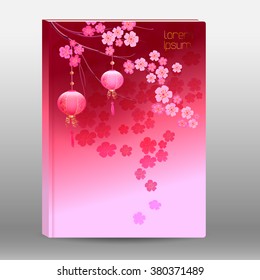 Mock up cover design for booklet, brochure and notebook. Japanese theme background with sakura and lanterns.
