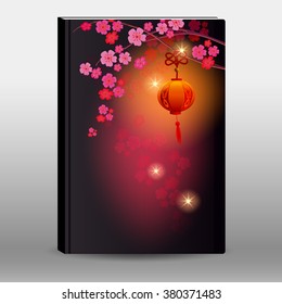 Mock up cover design for booklet and notebook. Japanese theme background with flowers.