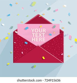 mock up of cute Vector realistic Open Celebration envelope with pink invitation card and color papers and shadows. good gift for Lovers, wife or husband on valentine’s day, Baby born or some holidays.