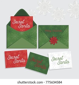 mock up of cute Vector realistic Open Celebration green envelope of Christmas with red, white and green invitation card, snowflakes and with text secret Santa. good gift for wife husband, lovers
