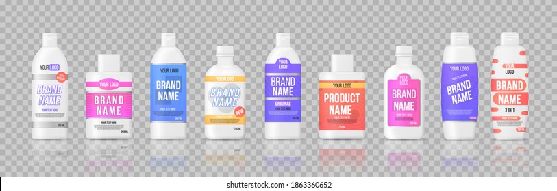 Mock up design label bottle template isolated on transparent background. Label plastic bottles, package template design. Vector illustration, eps 10.