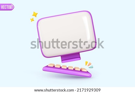 Mock up desktop computer with keyboard. White Screen device mockup clean blank monitor. creative concept idea. Realistic 3d design icons cartoon style. vector illustration