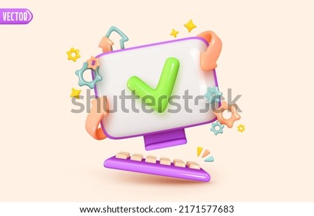 Mock up desktop computer. Screen device mockup blank monitor. Creative concept idea. Realistic 3d design icons. Web Configure, repair prevention, maintenance and setting website. vector illustration