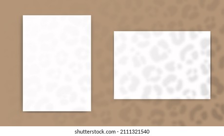 Mock up of empty paper blanks. Reflected cheetah print shadow from window. Realistic silhouette effect background. Vector