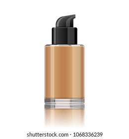 Mock up of face foundation makeup bottle. Realistic package of face skin care and beauty cosmetic product. 3d template of container with pump and plastic black cap  isolated on white background.