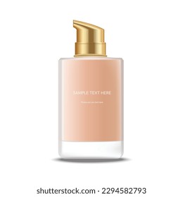 Mock up of face foundation makeup bottle. Realistic package of face skin care and beauty cosmetic product. 3d template of container with pump and gold cap isolated on white background.