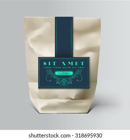 Mock up Foil Food Snack pack For Chips, Spices, Coffee, Salt, and other products. Plastic Pack Template for your design and branding. Vector. Realistic packaging with label and typography. 