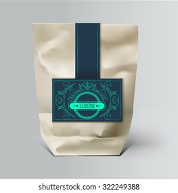 Mock up Foil Food Snack pack For Chips, Spices, Coffee, Salt, and other products. Plastic Pack Template for your design and branding. Vector. Realistic packaging with label and typography. 