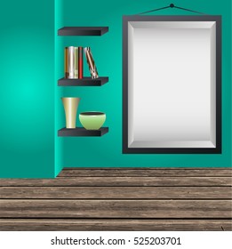 Mock up frame on the wall, illustration of room with shelves and black frame on the wall, modern design template